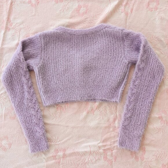 Fuzzy Lavender Crop Cardigan Sweater Small Cable Knit Button Up Purple Pastel - Picture 2 of 7